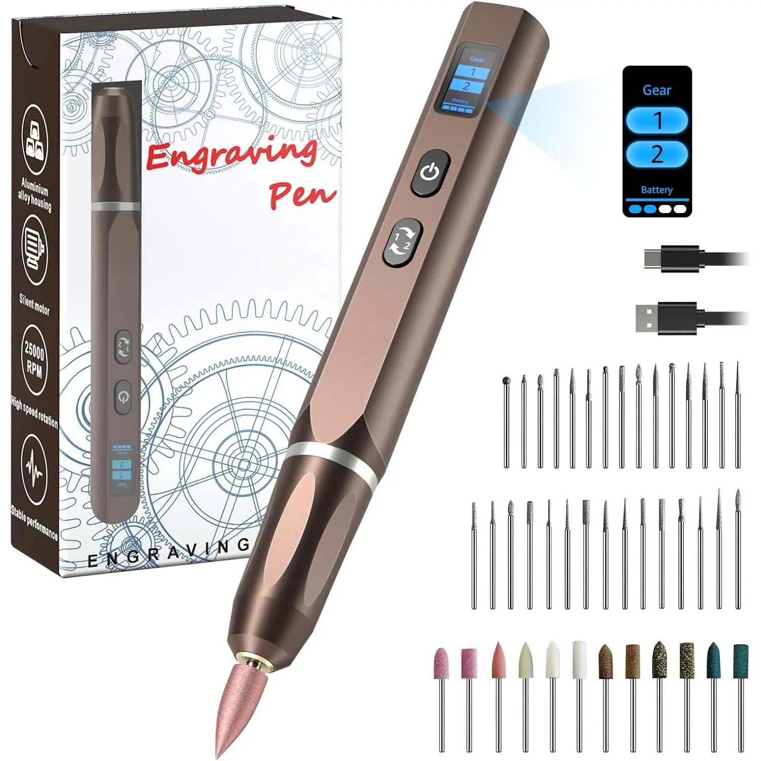 Electric Engraving Pen, Cordless Rechargeable Mini Rotary Tool with 42 Bits,  , Variable Speed, Portable Engraver Pen for Metal  Glass and Plastic, Brown