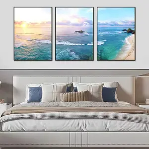 3pcs Sunset Sea Landscape Wall Art, Blue Ocean Beach Decor Poster, Unframed Living Room Painting Set, Home Decoration Artwork