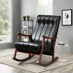 High Back Fabric Rocking Chair with Soft Cushion, Ergonomic Padded Rocker with Rubberwood Frame & Ergonomic Armrest for Living Room & Nursery, Black