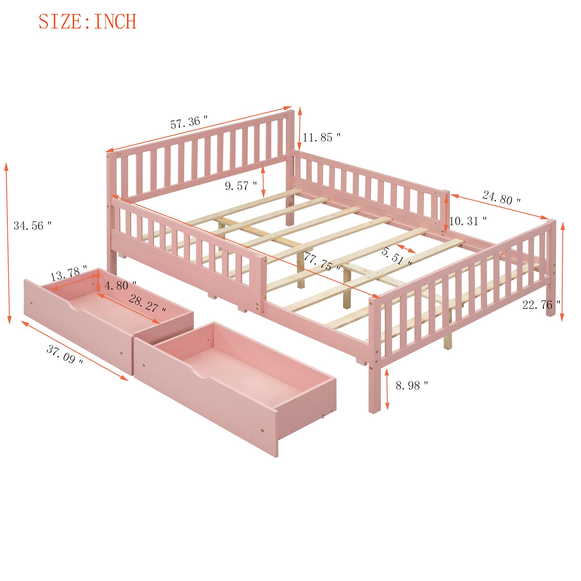 Eyisean Full Size Wooden Slat Support Platform Beds, Safety Bed Frame with Three-Side Guardrails, Space-Saving Daybed with Storage Drawers & Headboard, No Box Spring Needed, Easy Assembly for Bedroom