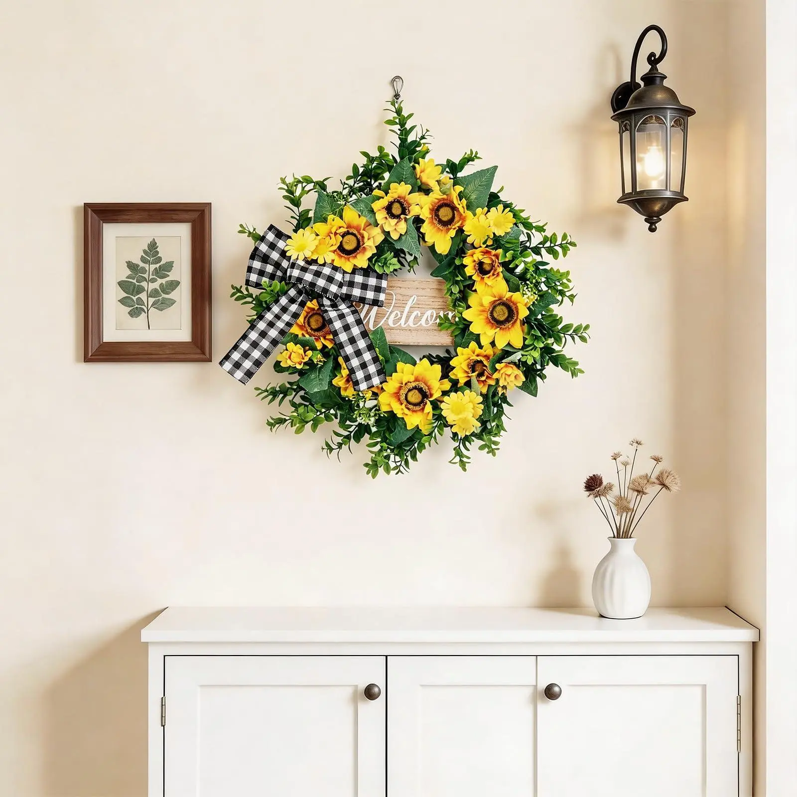 20 Inch Sunflower Wreath with Welcome Sign, Spring Summer Wreaths for Front Door with Yellow Blooms and Buffalo Plaid Bow, for Farmhouse Porch Window Wall Home Decor