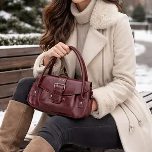 Classic Y2K Large Double Handle "The Mae" Shoulder Bag in Rich Brown or Black Vegan Leather with Buckle Detail