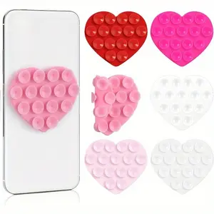 6 Pcs Heart Suction Phone Grip, Silicone Suction Phone Case Sticky Mount Adhesive Cellphone Holder Double Sided Hands-Free for Selfies Videos Mobile Devices Mirror Glass