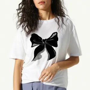 women's T-shirt Black Bow Design Solid color printed short sleeved women's top White, black, khaki Fashion daily women's clothing
