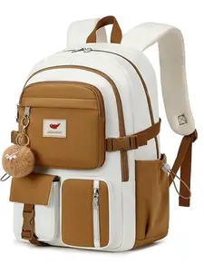 Colorblock Large Capacity Backpack with Cute Charm, Casual Zipper Backpack for Women & Men, Fashionable Backpack for Daily Use, Trendy Backpack