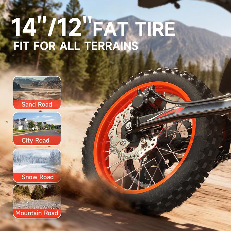 Qronge Youth & Adult Electric Bike 4500W Peak Power Mid-Mount Motor  Electric-Bike with 60V 28.8Ah Battery, 50MPH,  Battery 50 MPH Speed 14''/12'' Wheels 60 Miles   Bike with Long Range Dirt Mtb Ebikes