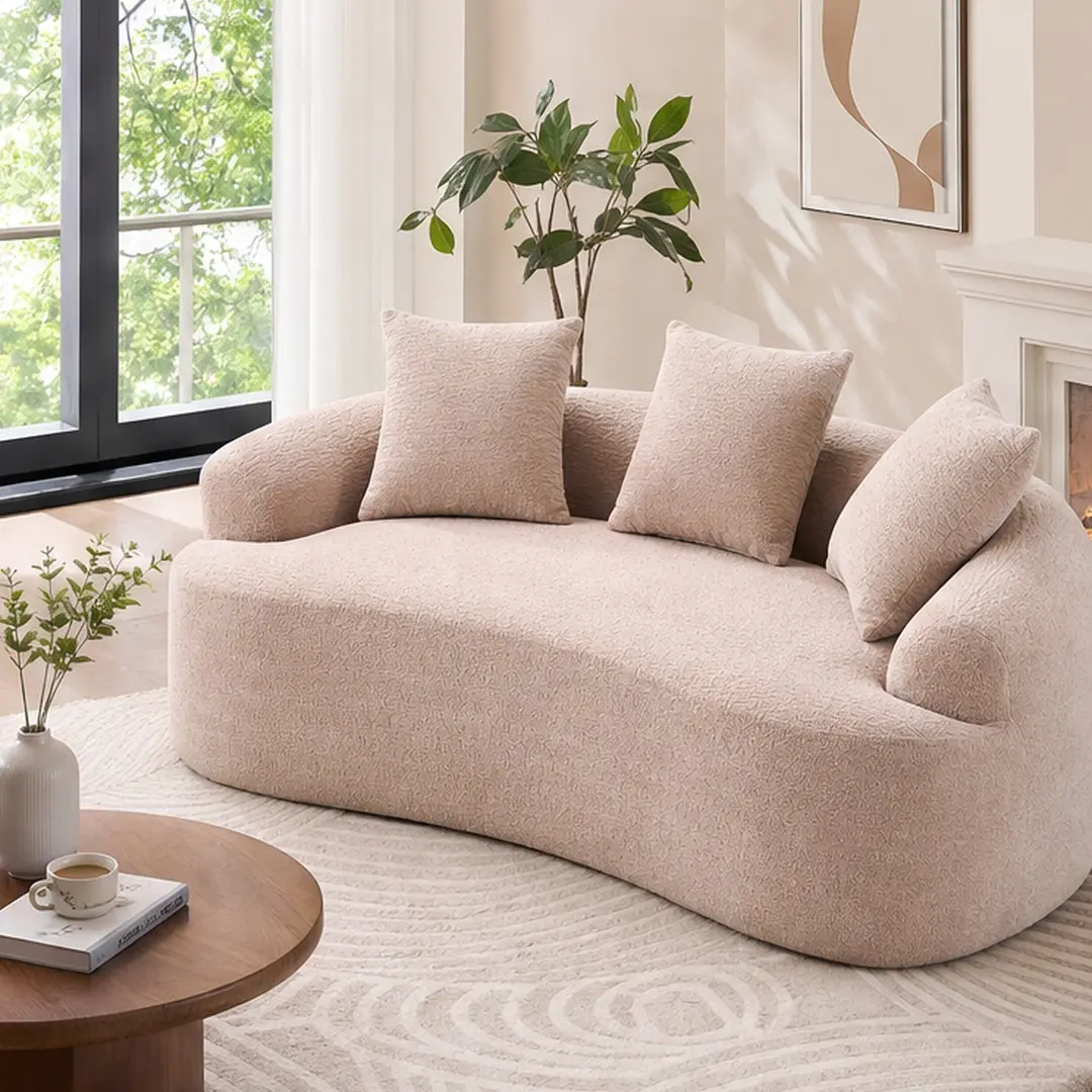 2-Seat Loveseat Sofa for Small Spaces, Curved Modern Chenille Couch with 3 Throw Pillows, No-Assembly Compression Foam Spring Sofa for Apartment Living Room, 65L x 39W x 25H in, Apricot Cream, Apricot Cream Color Options, Chenille/Foam+Spring