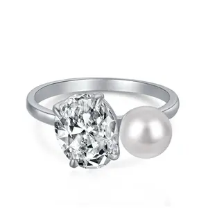 S925 4CT Stone and  Pearl Ring with Central Stone and Shell Pearl Accents