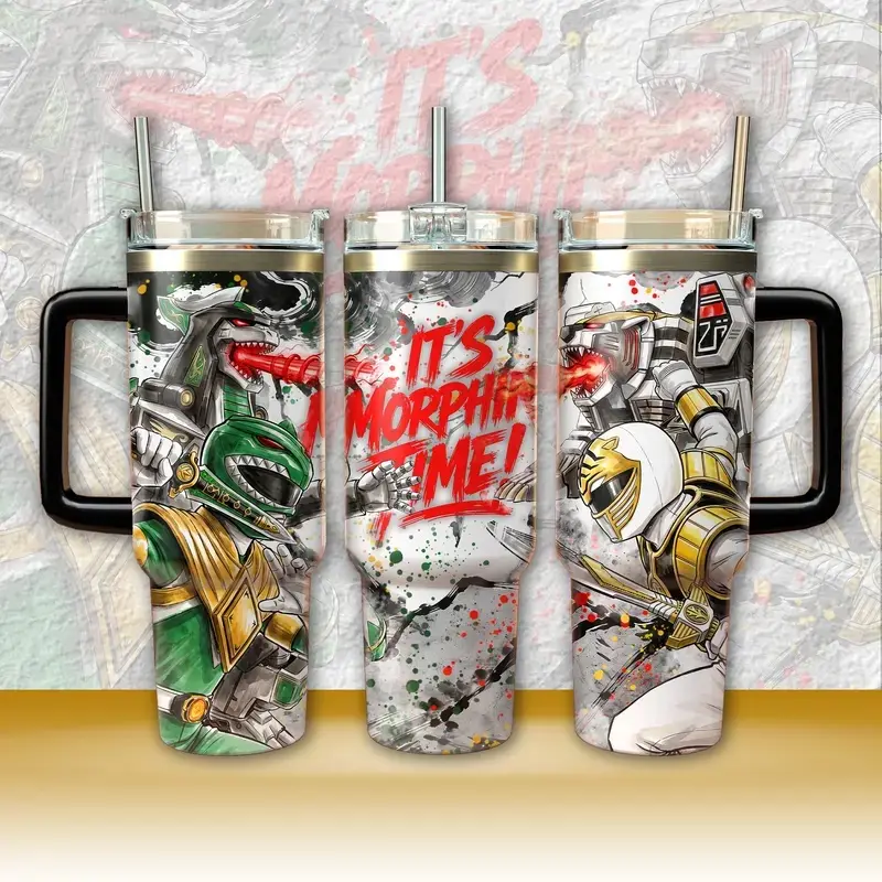 [MADE IN US] Mighty Morphin White Green Ranger Tumbler 40 oz 20 oz, Tommy Ranger Tumbler With Handle Straw, Gift for Fan