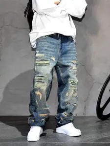 Men's Ripped Distressed Straight Jeans Baggy Trousers Streetwear Menswear Comfortable Solid Color Loose Denim Pants Machine Washable Spring Autumn Blue Casual