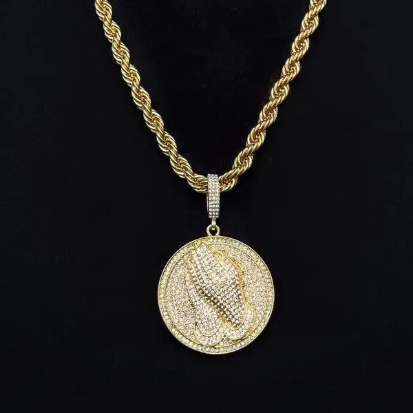 MaxBling81 Men's Iced Praying Hands Pendant Necklace, Gold-Plated Religious Medal with 8mm 24" Thick Rope Chain, Faith-Based Fashion Jewelry, Meaningful Gift, Fashionable Jewelry Accessories