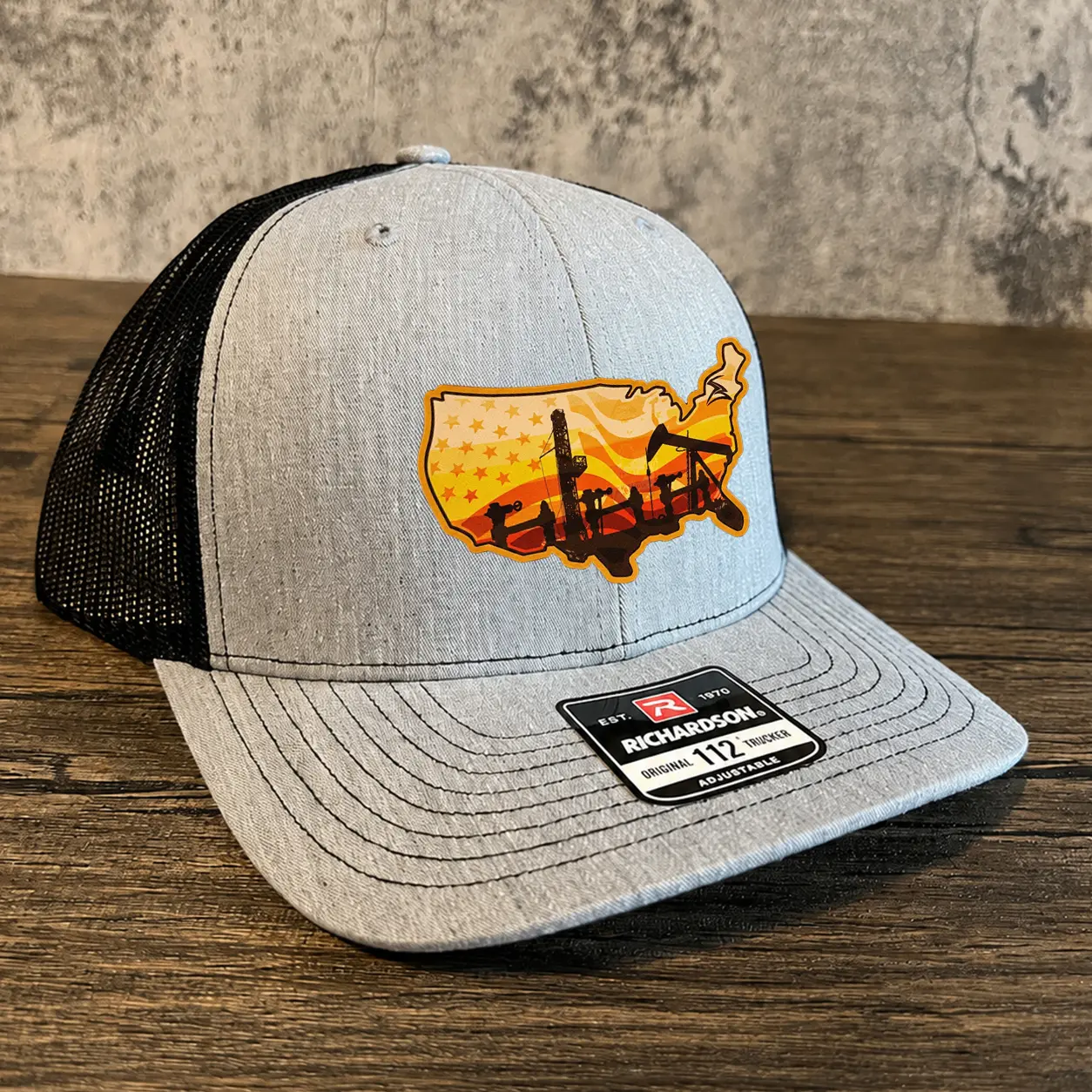 Richardson 112 Trucker Hat with American Flag Excavator Patch, Patriotic USA Construction Worker Gift, Heavy Equipment Operator Cap, Men's Mesh Back Snapback, Heather Grey and Black Adjustable Ha