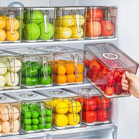 Refrigerator storage box, Food grade kitchen food vegetable, crisper fruit, egg, storage box, Drain box with lid can be timed 1PC Utensils