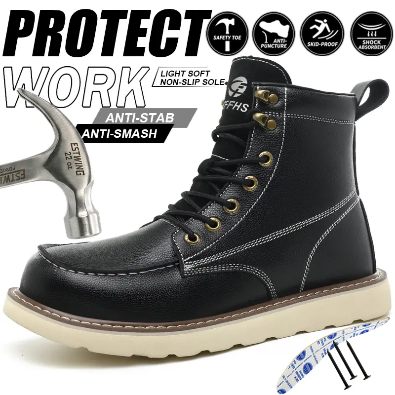 Men's Steel Toe Work Safety Boots Anti-Smash Anti-Stab Leather Construction Shoes Light Soft Non-Slip Skid-Proof Sole Shock Absorbent Heavy Duty Industrial Protective Footwear Outdoor Puncture Proof Workboots Worker Ankle Sneakers