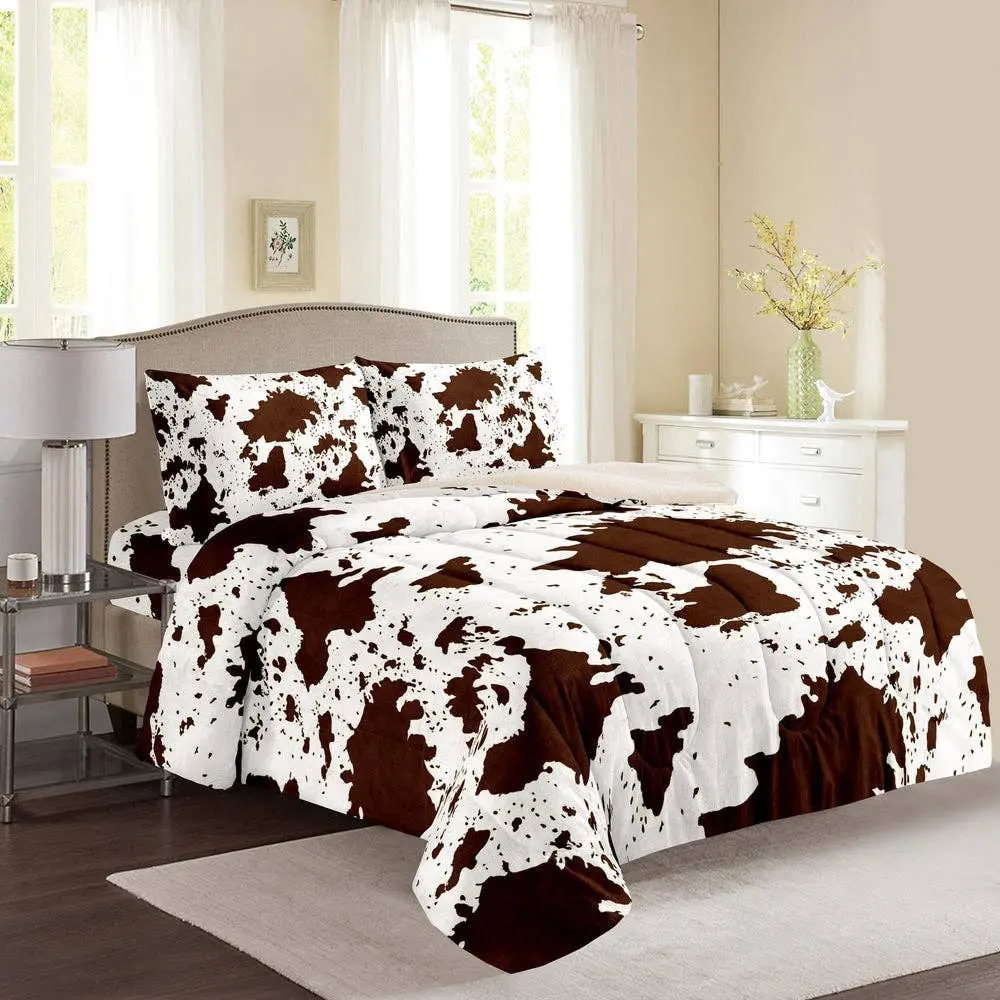 Linen Mart - Rustic Cowhide Sherpa Plush Sherpa Fleece Blanket- 3 Piece Set