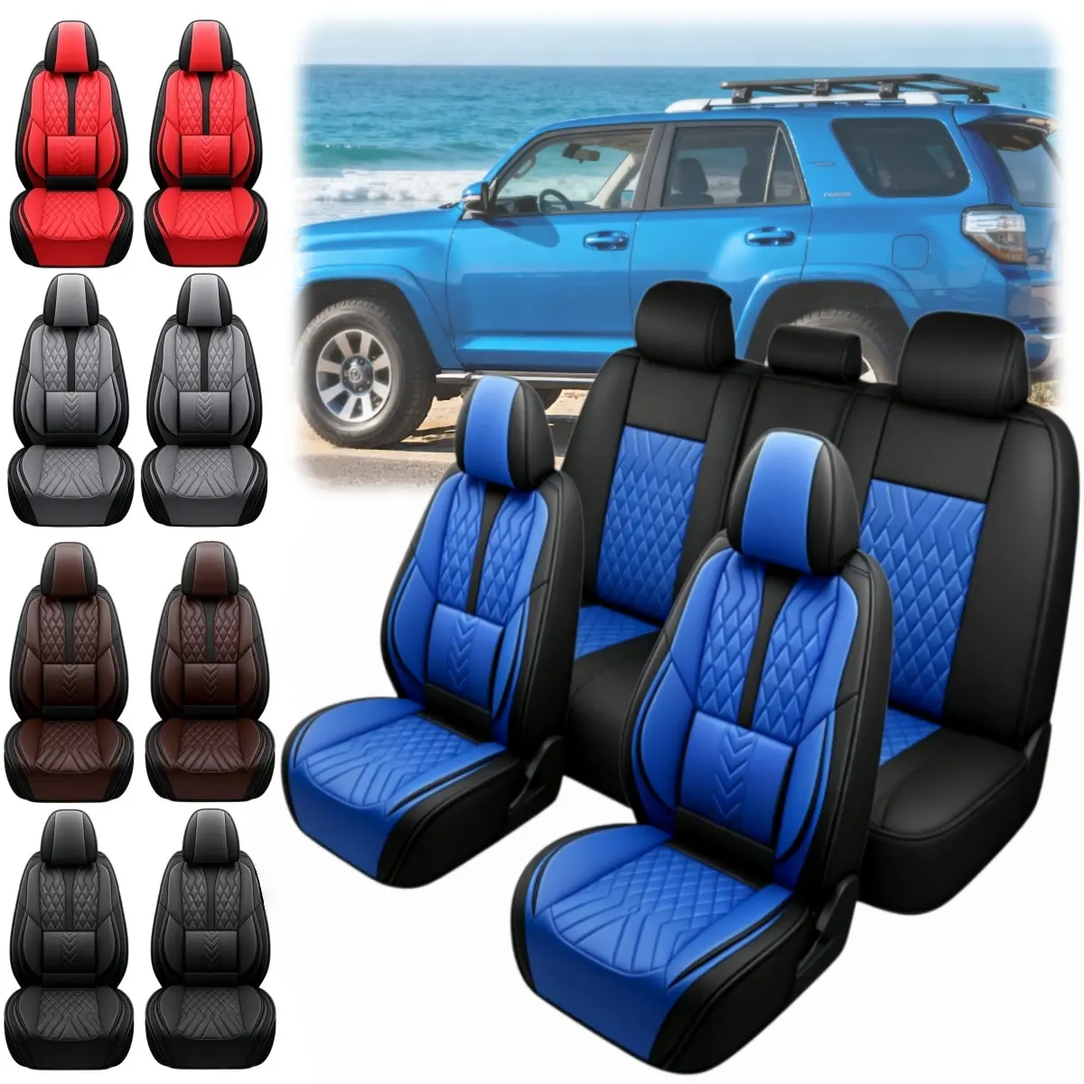 Full Set Car Interior Kit for Toyota 4Runner 2003-2024 SUV, 2*Front & 7*Rear PU Leather Seat Covers, Detachable Armrest Cover, Separable 40/60 60/40 50/50 40/20/40 Split Rear Benches, Breathable Non-Slip Waterproof 4-Season Protectors with Storage Bag