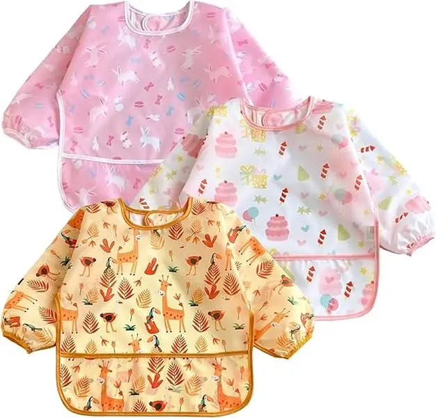 3 Pack Long Sleeve Bibs| Waterproof Full Sleeve Bib for Baby Infant Toddler 6-36 Months (Cake Bunny Giraffe Girl)