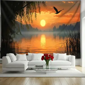 1pc Extra Large Sunset Lake & Flying Bird Tapestry - High-Definition Aesthetic Print, Polyester Wall Hanging for Living Room, Bedroom, Dorm Decor - Ideal Birthday or Party Gift, Includes Free Hanging Clip, Bedroom Wall Art |   Serene Home Decor |   Polyes