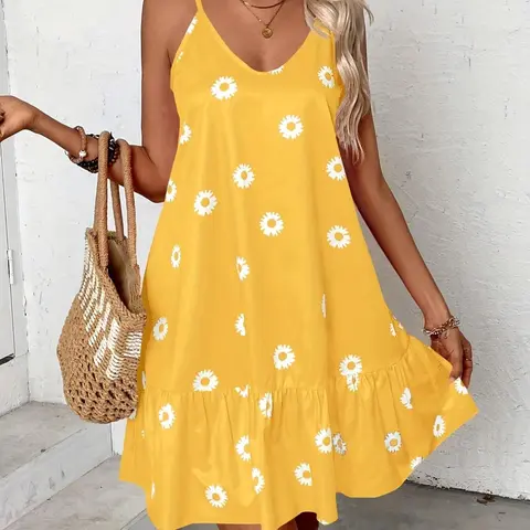 [Plus Size] Floral Print Fitted Cami Spaghetti Strap Knit Dress, Casual Fashion Dress Sleeveless Dress for Holiday Vacation Daily Wear, Women's Plus Clothing for Summer, Womenswear