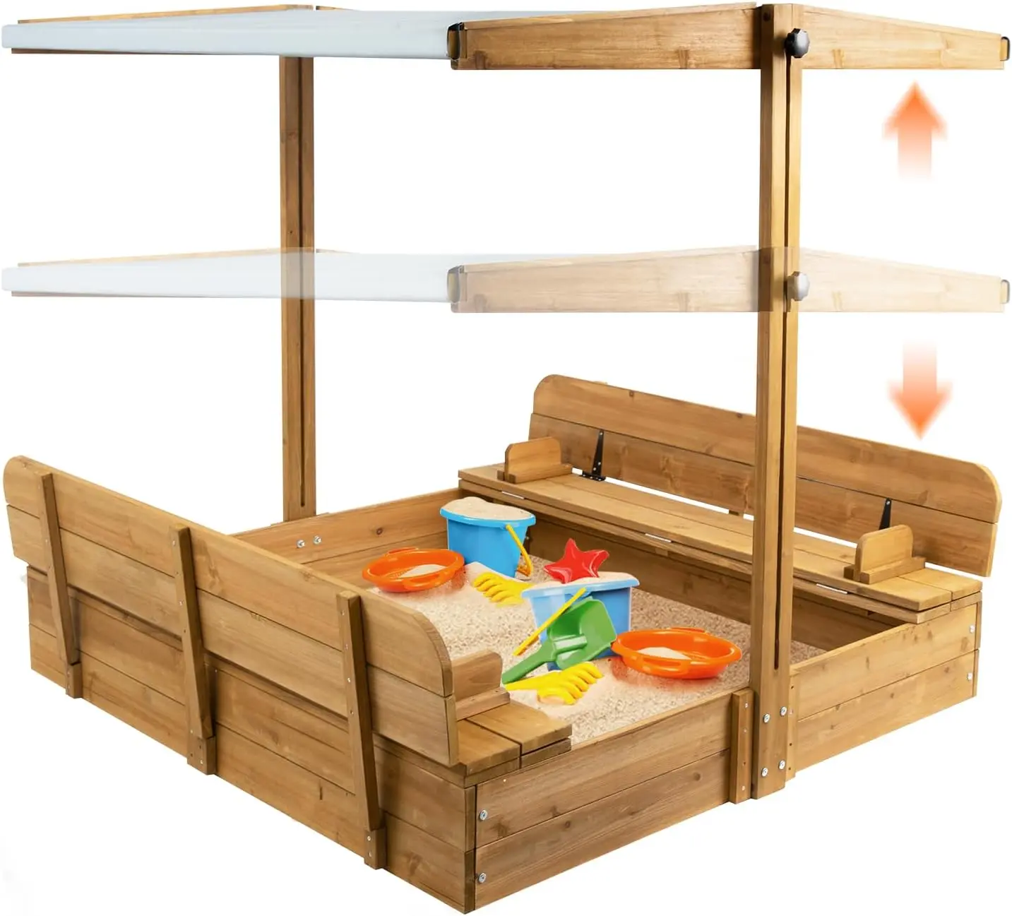 Wooden Sandbox with Cover, Sand Boxes for Kids Outdoor with Lid, Sandbox with 2 Foldable Bench Seats for Backyard (47x47in), UV-Resistant & Adjustable Height Roof, Gift for Ages 2-8