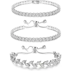 Viral Summer Tennis Bracelets For Women - Silver Plated Bracelet Stack Cubic Zirconia CZ Diamond Adjustable Stackable Bracelets Set For Prom Wedding Jewelry Gift 3Pcs
