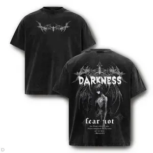 Redeemed From Darkness T-Shirt – Vintage Charcoal Acid Wash Tee with Gothic Skeletal Angel Art & Bible Verse for Spiritual Warfare Apparel
