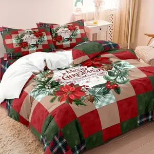 Merry Christmas 3pcs Bedding Set - Ultra Soft, Breathable Duvet Cover & Pillowcases With Festive Wreath Flower Design, Perfect For Cozy Holiday Home Decor