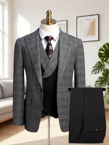 Men's Wedding Suit Plaid 3-Piece Set, Includes Jacket, Vest & Pants, Business & Casual Wear, Slim Fit Design, All-Season Use