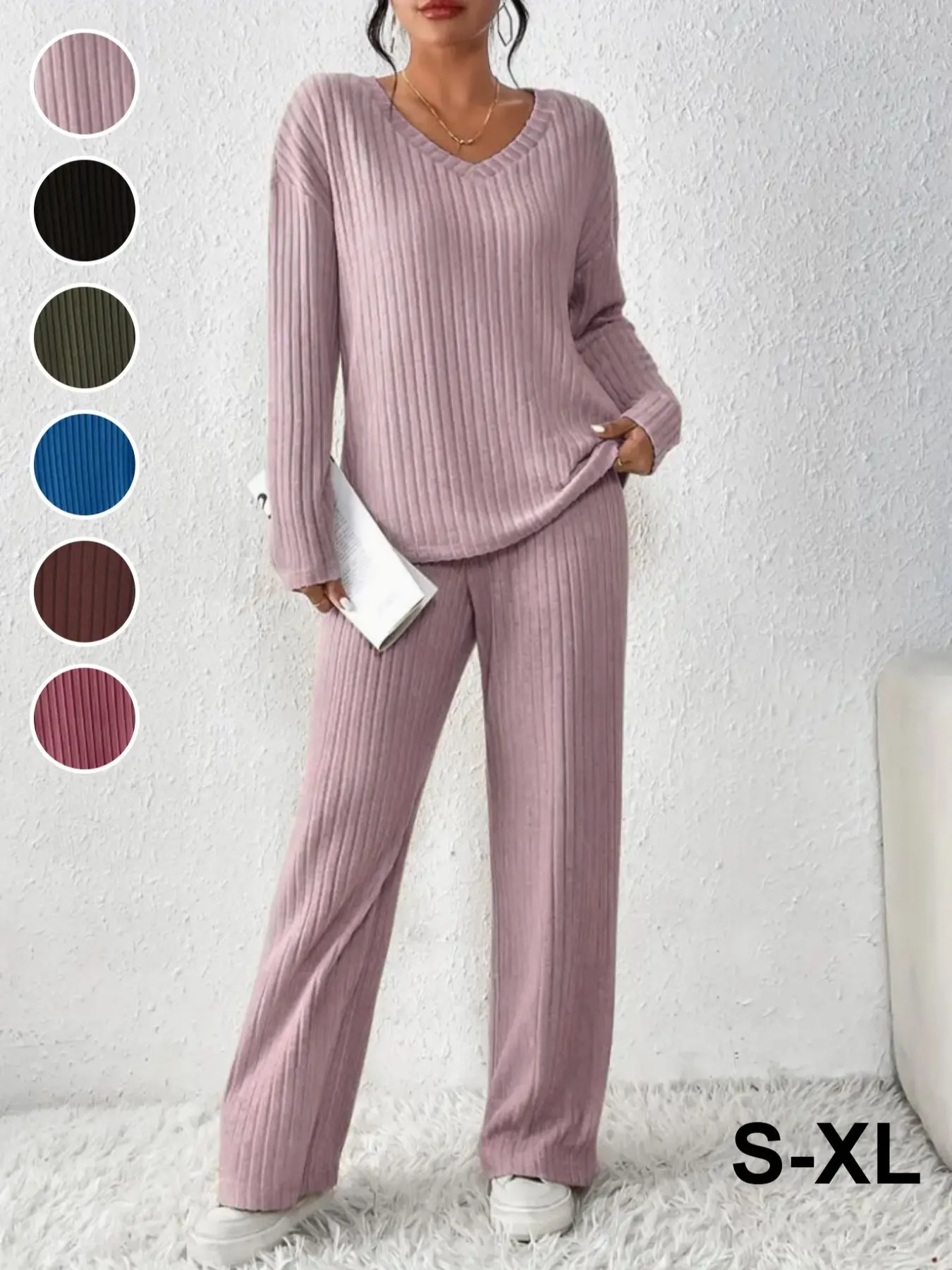 New Year Autumn Winter Loose Ribbed Fleece Two-Piece Set Outfit Women, V-Neck Top and Straight Leg Pants Casual Everyday Womenswear Clothes