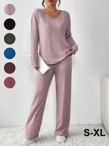 New Year Autumn Winter Loose Ribbed Fleece Two-Piece Set Outfit Women, V-Neck Top and Straight Leg Pants Casual Everyday Womenswear