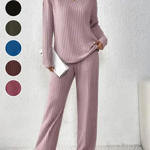 Women's Fall Winter Loose Ribbed Fuzzy Loungewear Two-Piece Set, V-Neck Top and Straight Leg Pants, Casual Home Wear