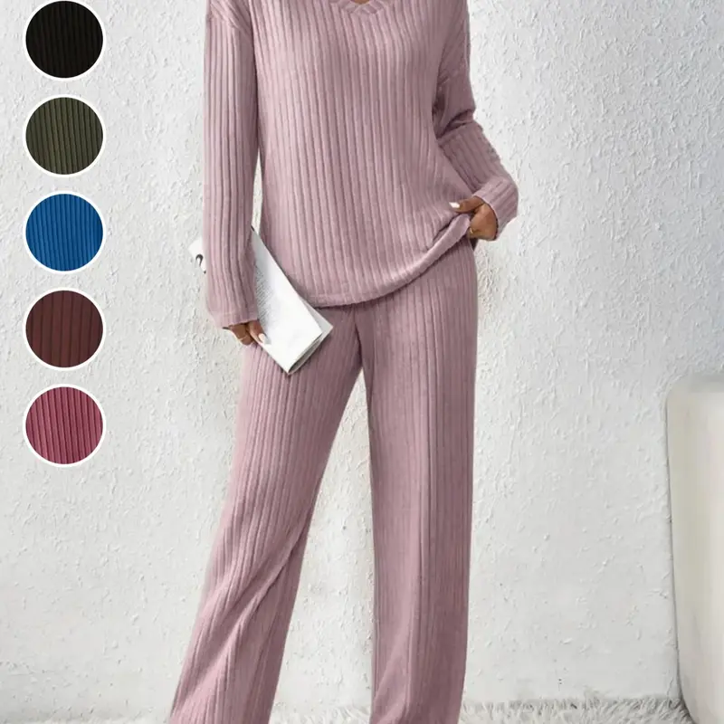 Women's Fall Winter Loose Ribbed Fuzzy Loungewear Two-Piece Set, V-Neck Top and Straight Leg Pants, Casual Home Wear
