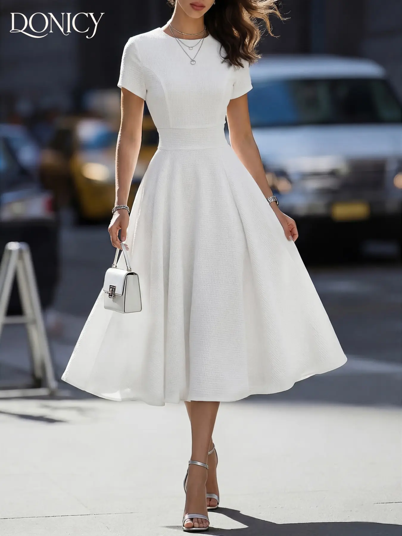 Women's Textured Fabric Tie-Back Midi Dress, Elegant Aesthetic Minimalist Casual Loose-Fit Short Sleeve Summer, All Seasons, Perfect for Weddings, Parties, Daily Wear, Chic