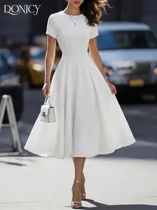 Women's Textured Fabric Tie-Back Midi Dress, Casual Loose-Fit Short Sleeve, All Seasons, Perfect for Weddings, Parties, Daily Wear