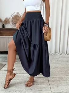 Women's Floral Chic Casual A-Line Ruffled Maxi Skirt, Elastic Waist Pockets, Leaf Hem, Long Fitted Skirt, Fashionable Mid-Length Dress