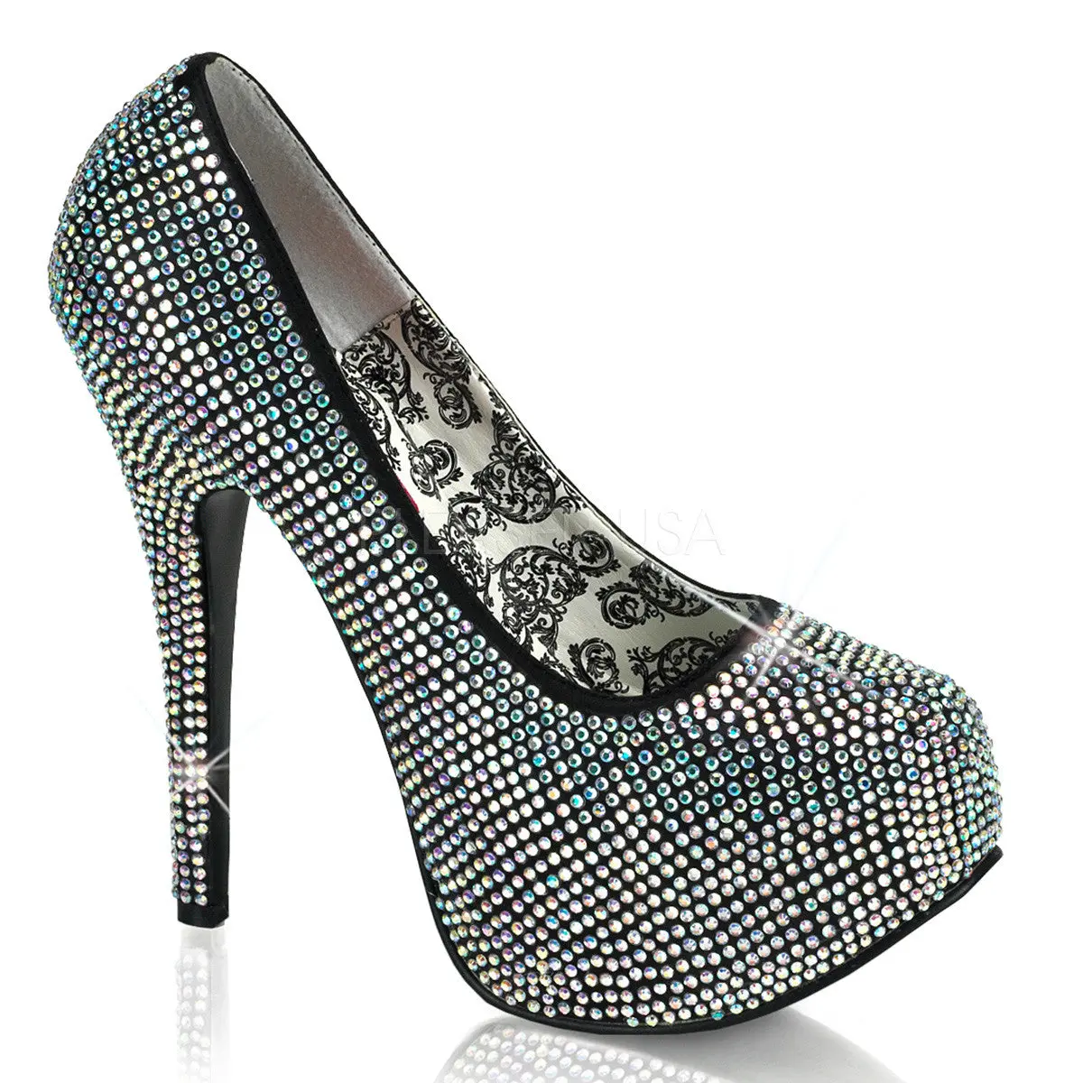Bordello TEEZE-06R Pumps with 5 3/4" Heel, Stylish Iridescent Rhinestone Platform Heels for Party, Footwear, Fashion Apparel, Women's Clothes, High Heel, 1 3/4" Concealed Platform