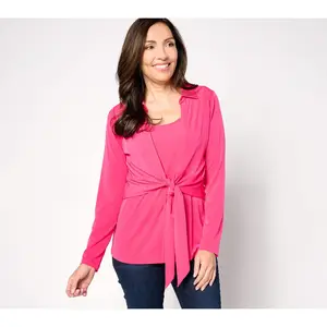 Susan Graver Passport Liquid Knit Long Sleeve Tie Front Shrug Set