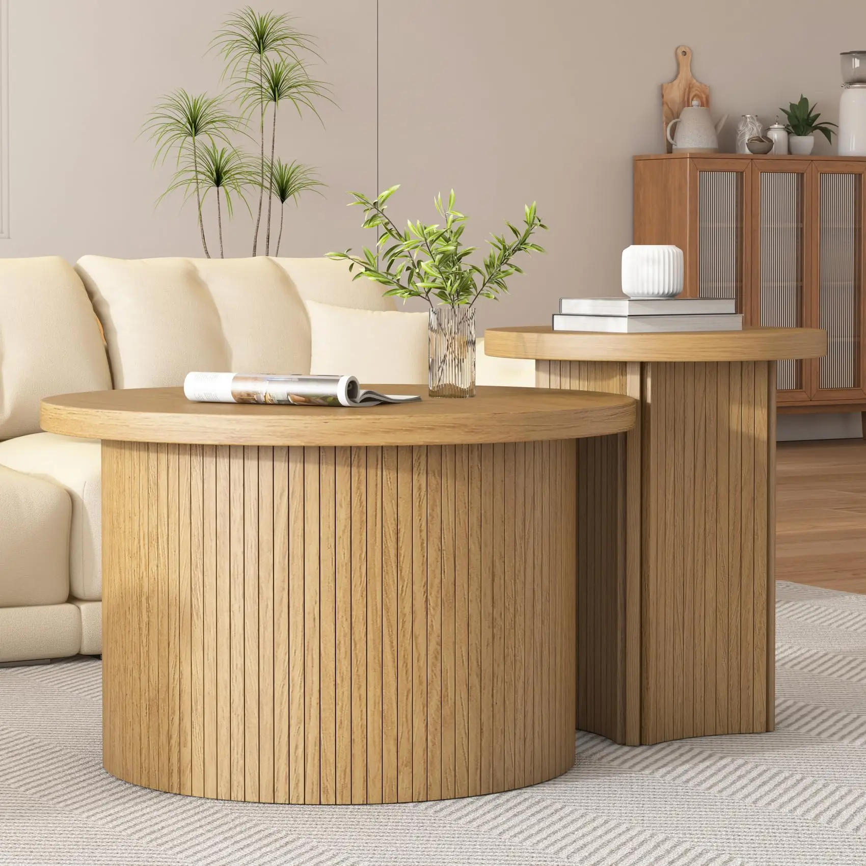 2-Piece Fluted Round Pine Wood Nesting Coffee Tables - Column Base, Convertible Contemporary End Tables for Living Room, Home Decor Indoor Furniture, Round Coffee Tables