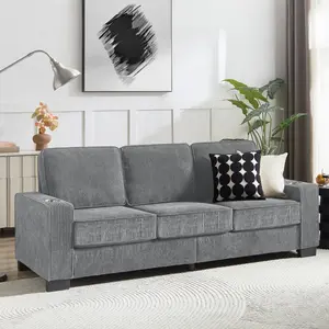 Couch 3 Seater Sofa with Extra Deep Seat, 83.86" Modern Corduroy Fabric Sofa Cloud Couch with 2 Cup Holders, Comfy Upholstered 3 Seater Sofa Bed Couches for Living Room, Apartment, Office, Light Gray