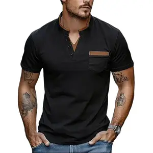 Men's Casual Henley T-Shirt | Contrast Color V-Neck Pocket Tee | Slim Fit Streetwear Top