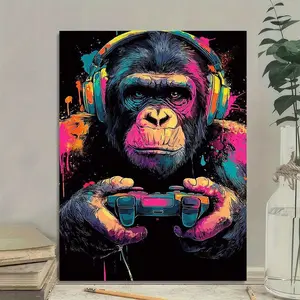 1 canvas wall mural of a gorilla wearing headphones while gaming - vibrant neon colors, graffiti-style gaming decoration, modern pop art poster, suitable for living room, bedroom, office - ideal gift for gaming enthusiasts (frame not included).
