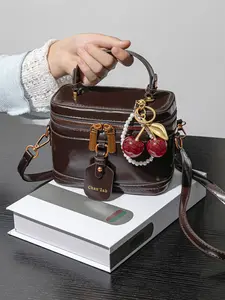 Retro texture small square bag, with cherry pendant, pearl string and simple hanging accessories, convenient to carry, multi-functional handheld shoulder bag, can accommodate mobile phones, lipstick, PU Leather Bag, Handheld Bag Purse