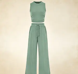 Women's Summer 2-Piece Outfits - Ribbed Knit Crew Neck Sleeveless Cropped Top & Wide Leg Pants Lounge Set