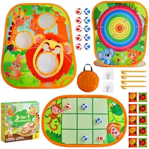 3-in-1 Animal Bean Bag Toss Game for Kids, Portable Corn Hole Games with Tic Tac Toe & Small Sticky Balls, Indoor & Outdoor Toys for Party Yard Beach Lawn, Birthday Gift for Boys Girls Toddlers