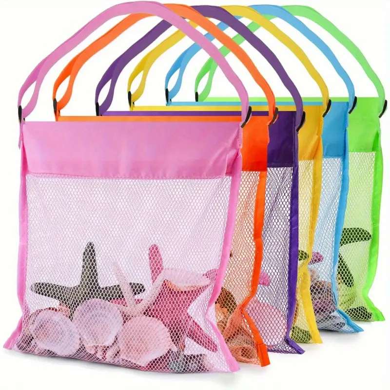 6-piece adjustable shoulder strap colored mesh beach bag - Use durable polyester seashell collection bag to collect shells, toys, etc.- Perfect for beach travel, school field trips, outdoor activities, outdoor equipment