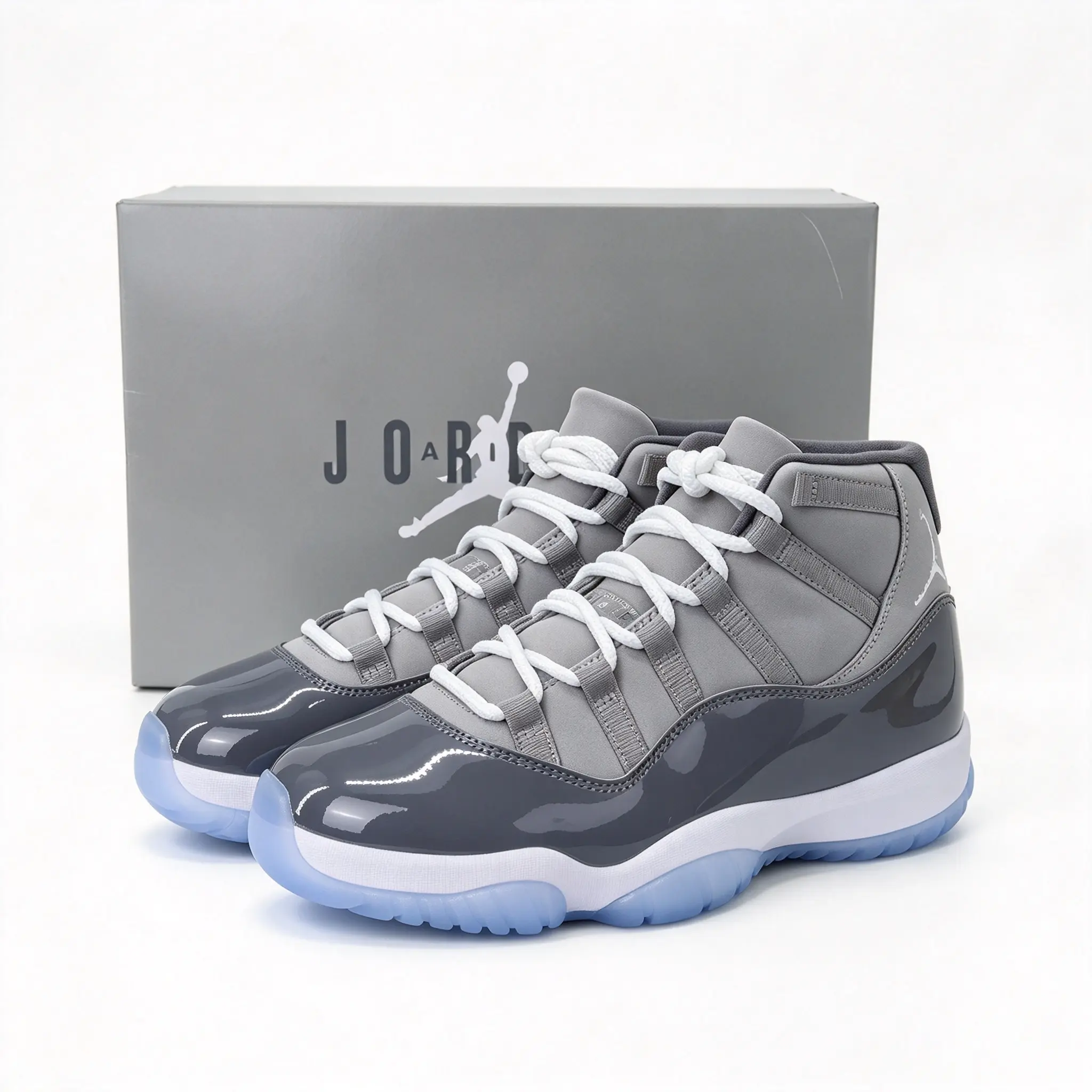 Brand New Sealed Unisex High Top Basketball Sneakers with Original Shoe Box, Grey Fabric & Dark Grey Gloss Patent Leather Upper, Ice Blue Translucent Outsole, Matches Multiple Styles of Sports Pants, Great for Outdoor Sports and Daily Home Casual Wear