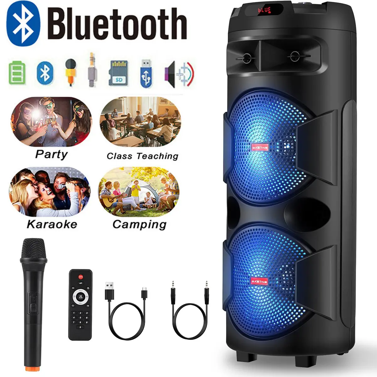 Dual 12inch Speaker Loud Portable Bluetooth PA Speaker System Wireless Karaoke Machine DJ Party Box TWS/ Rechargeable/FM Radio/ Remote Control / Microphone / LED Lighting
