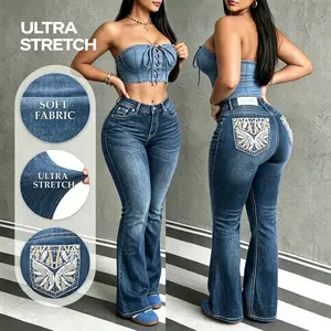 HF260004-6-High Rise Stretchy Jeans Women Rhinestone Embroidered Back Pocket Curve Hugging Flare Denim Denim