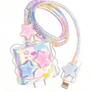 1 Pack Star Shape Charger Cover And Cord Protector, Adapter , Colorful ,Cute Accessory, Charging ,Compatible with iPhone 12/13/14/15,20W Fast Charger,Anti-Breaking,Cute Anti-Bend Cable Protector, Smartphone Protection  ,ChristmasGift Cellphone Protection