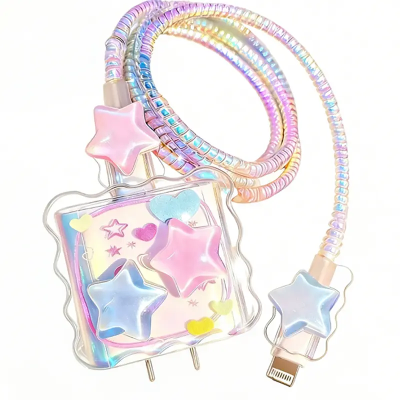 1 Pack Star Shape Charger Cover And Cord Protector, Adapter , Colorful ,Cute Accessory, Charging ,Compatible with iPhone 12/13/14/15,20W Fast Charger,Anti-Breaking,Cute Anti-Bend Cable Protector, Smartphone Protection  ,ChristmasGift Cellphone Protection